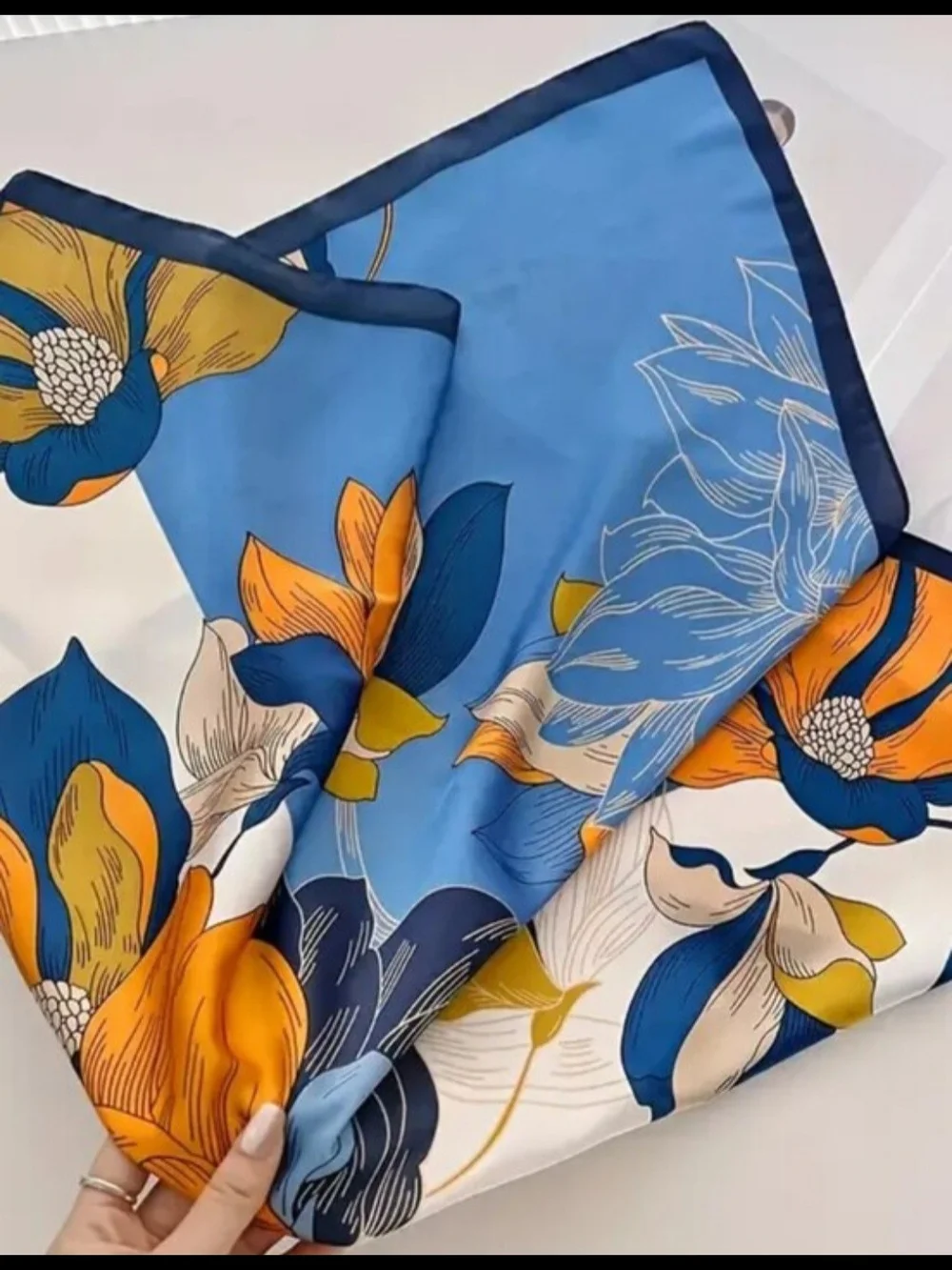 Silk-feel Blue Floral Silk-Feel Scarf  Heaf Scarf, Neck Scarf